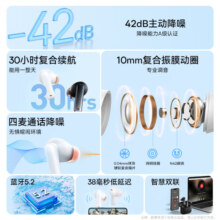 倍思M2 蓝牙耳机真无线 降噪耳机入耳式 42dB主动降噪音乐运动通话长续航通用苹果华为oppo小米手机 白