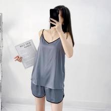 完美线条 春秋睡衣女性感绸薄款宽松大码春秋女士吊带短裤两件套装家居服
