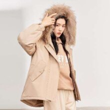 BENGEN 冰洁 中长款工装貉子毛大毛领连帽羽绒服女 10142410D