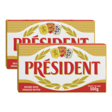总统（President）法国进口发酵型动脂黄油 淡味 500g*2 早餐 面包 烘焙原料