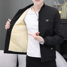 秋冬外套男士加绒加厚格子印花夹克大码青年棒球服修身上衣服褂子