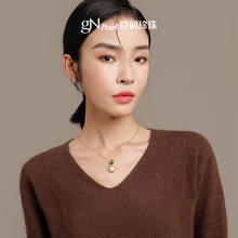 京润珍珠 吊坠秋叶925银镶淡水珍珠吊坠镶绿珐琅送女友礼物D