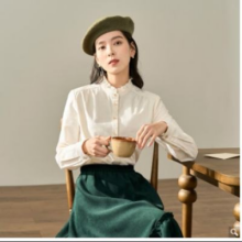 INMAN 茵曼 秋冬款木耳边立领长袖纯棉衬衣气质上衣女