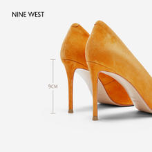 NINE WEST 玖熙 暮色橙海绒面方扣细高跟鞋2025春新款法式水钻单鞋