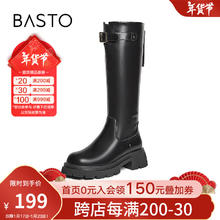 BASTO 2024冬季户外街头骑士靴粗跟高筒靴女长靴W2811DG4 黑色