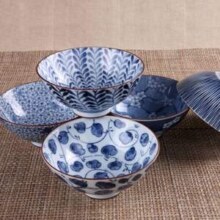 日本进口 ，Mino Yaki 美浓烧 日式蓝绘釉下彩4.5英寸饭碗 5只装