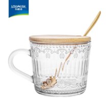 乐唯诗（NERVISHI）玻璃牛奶杯简约玻璃杯早餐杯玻璃水杯玻璃茶杯家用杯子 【1只带盖带勺】浮雕牛奶杯