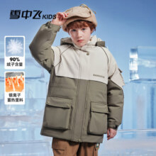 雪中飞2024新款童装儿童羽绒服男童中大童冬季外套拼接印花工装羽绒服 暗橄榄绿 150