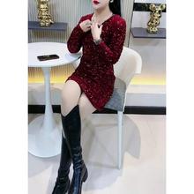 大码红色亮片百搭裙子女2025春季新款收腰显瘦中长款时尚连衣裙潮