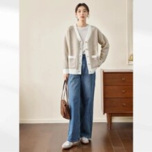 23号10点：对白 撞色V领针织开衫女式毛衣