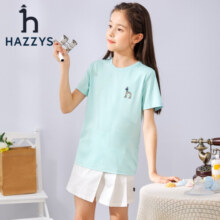 哈吉斯（HAZZYS）童装夏新款男女童简约时尚舒适柔软不易变形T恤 玻璃蓝 155