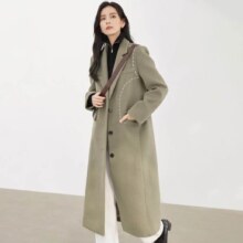 对白 冬装简约通勤撞色线迹装饰双插袋女式长款大衣