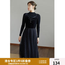 独束 大码女装网纱半身裙女秋冬新款胖mm优雅丝绒a字裙 连衣裙 2XL
