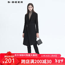 圣迪奥 S.DEER 冬女装通勤休闲宽松方领平驳领无扣拼接毛呢风衣