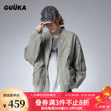 古由卡 GUUKA 废土风创意字母绣花飞行夹克男秋潮复古水印吸湿耐穿外套宽松 杏色 厚款 L
