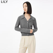 LILY 秋女装时尚纯色优雅气质通勤都市针织开衫外搭上衣女 506中灰 S