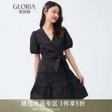 歌莉娅 V领红色连衣裙女款冰氧吧收腰显瘦小个子泡泡袖A字裙子114R4K170 00B黑色 XS