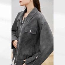 对白 春秋装 复古拉链袖口女式机车外套