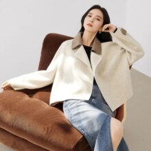 8号10点：对白 100%羊毛 冬装双面呢撞色翻领女式短款大衣