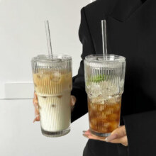 高颜值竖条纹水杯玻璃杯带盖带吸管 竖纹竹节杯 600ml*2只