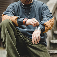 马登 摇粒绒卫衣男秋冬打底衫拼接抓绒圆领长袖T恤