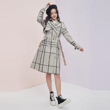圣迪奥 S.DEER sdeer圣迪奥春季女装时尚百搭通勤格纹翻领气质双排扣格子带腰带中长款风衣S20181801 米白/48 M/165
