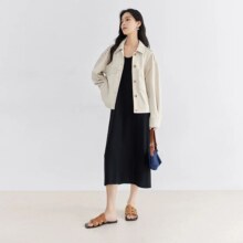 对白 撞色纽扣仿麂皮绒对称贴袋 女式短款休闲外套