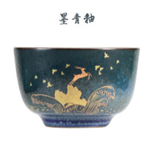 容山堂景致陶瓷墨青釉茶杯功夫茶盏大号主人杯品茗杯单杯描金茶具 陶瓷墨青祥鹿彩绘茶杯-飞天
