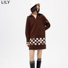 LILY 复古洋气拉链翻领直筒针织连衣裙 732巧克力色 L