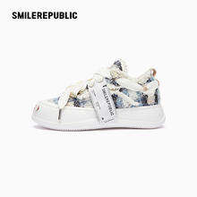 SMILEREPUBLIC 蓝黑格毛呢低帮开口笑增高厚底鞋星空关晓彤同款