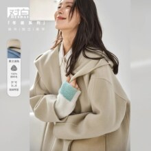 8号10点：对白 100%羊毛冬 装廓形双插袋女式短款连帽呢大衣