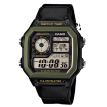 卡西欧（CASIO）复古小方块 运动学生表 多功能持久电力防水男表圣诞礼物 绿盘黑帆布带AE-1200WHB-1B