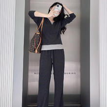 衣起纤手 糯米套装两件套休闲运动套装假两件长袖上衣女秋季高腰长裤阔腿裤 深灰色 L (100-115 斤)