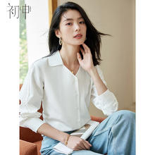 初申 春秋长袖衬衫女小V领法式设计感垂感通勤百搭白衬衣上衣S143C2023