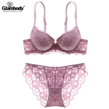 Glambody MAGIC NATURAL LINE欧美性感蕾丝刺绣上薄下厚文胸套装加厚深小胸聚拢女士内衣842002 紫色 36/80B+配裤
