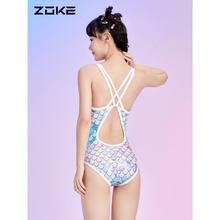 洲克 ZOKE 女士泳衣连体三角专业竞技训水中健身游泳衣123501130紫绿花 2XL