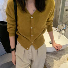 FOURDATRY 羊毛v领开衫女情人节礼物宽松短款纯色毛衣针织羊毛衫外套 姜黄色 L