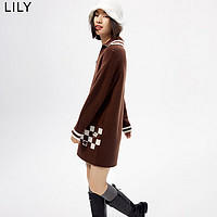 LILY 春女装复古洋气拉链翻领气质通勤显瘦直筒针织连衣裙 732巧克力色 M