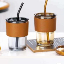 玻璃杯咖啡杯ins高颜值水杯带吸管大容量带盖 烟灰色全套(含吸管+杯盖+皮套) 450ML