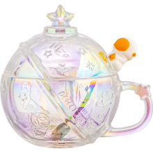 乐唯诗 玻璃水杯带盖勺星空杯早餐杯牛奶杯果汁杯冰激凌杯 星球杯【幻境彩】