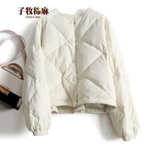 子牧棉麻 女文艺百搭菱格设计感短款棉服面包服棉衣外套 0927
