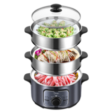 美的（Midea）电蒸锅电火锅电煮锅 多用途锅 电热锅 多功能蒸煮锅蒸包子锅煮蛋器上蒸下煮三层大容量不锈钢机身 10L ZG26EASY401 旋钮调节