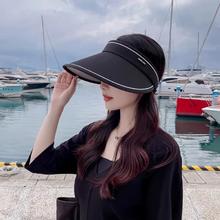 夏季网红同款时尚空顶防紫外线遮阳黑胶草帽大檐小标uv防晒帽女潮