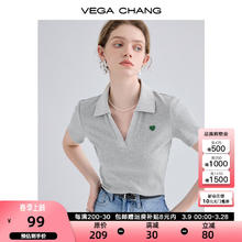 VEGA CHANG 爱心针织T女 polo领法式短袖提花上衣
