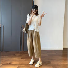 芭雅莲 薄款棉麻裤女阔腿九分裤夏季休闲直筒裤小个子亚麻裤女显瘦工装裤 卡其色 M