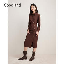 音儿 Goodland美地2024秋季法式解构捏褶斜裁开衩衬衫连衣裙 深咖 36