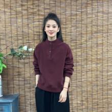 2024冬季新款时尚加绒加厚保暖澳粒绒卫衣女套头单排扣女士打底衫