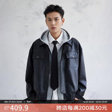 a.b.x 2024春季哑光荔枝纹宽松翻领PU皮衣夹克短款外套男女同款 黑色 190/XXXL