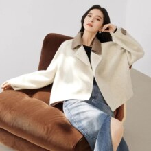 12号10点：对白 双面呢撞色翻领 女式短款大衣 100%羊毛