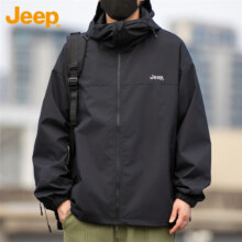 20点：JEEP 吉普 男士夹克春秋季宽松休闲工装衣服情侣款男装 石墨黑